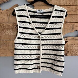 DoubleZero Black and White Stripe Vest Sweater Tank Top Women, Textured Knit, L
